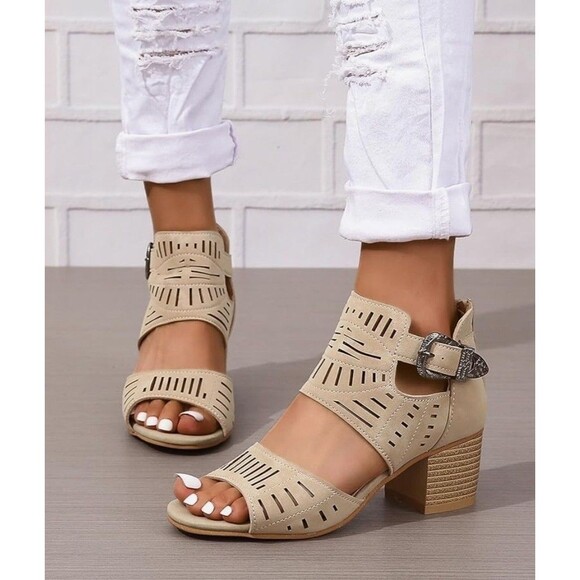 Khaki Tan Peep Shootie Open Toe Perforated Sandals Cutout Block Heels Sz 11 NEW - Picture 4 of 5